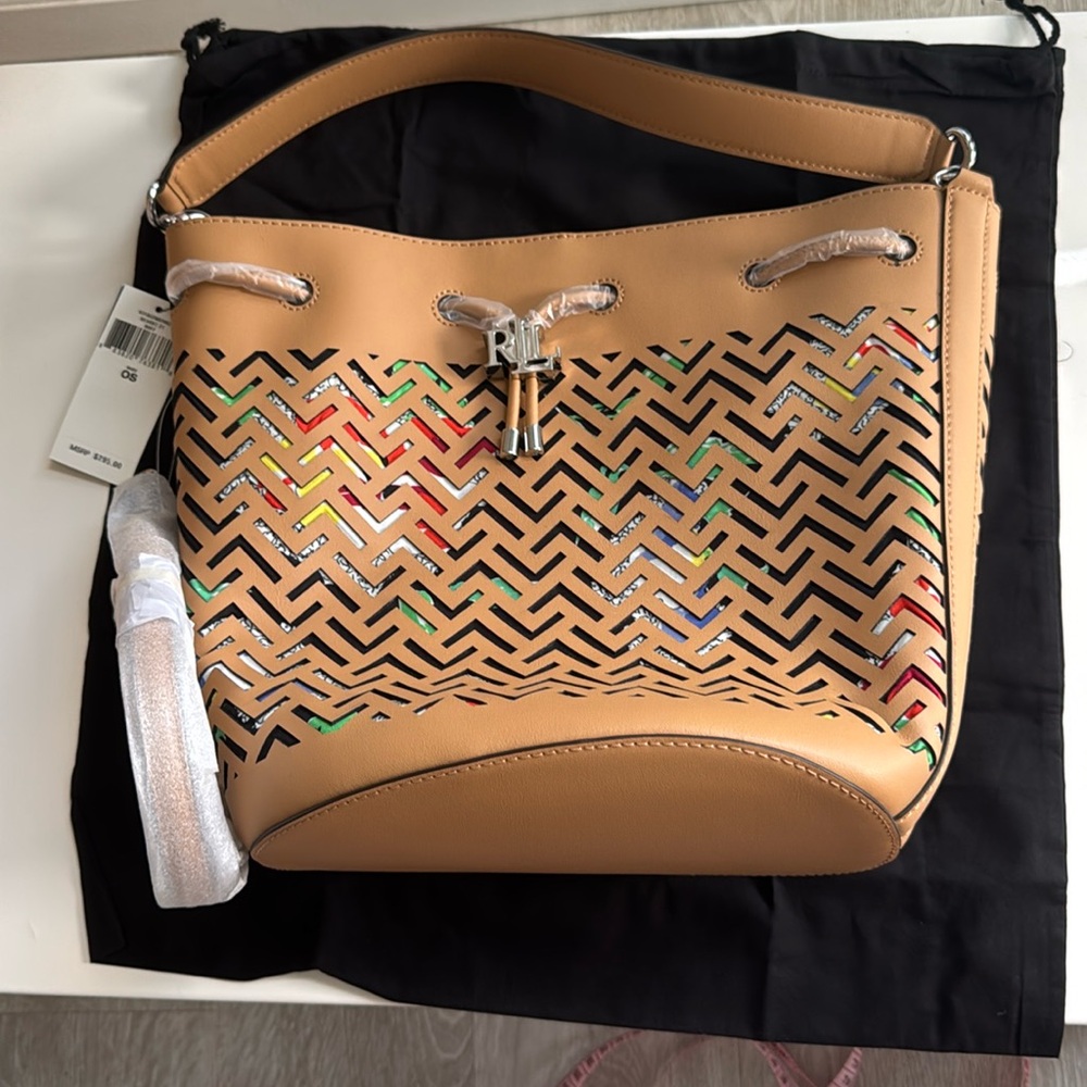 New Ralph Lauren Tan Leather Resort Fabric Bucket Tote Bag Purse.